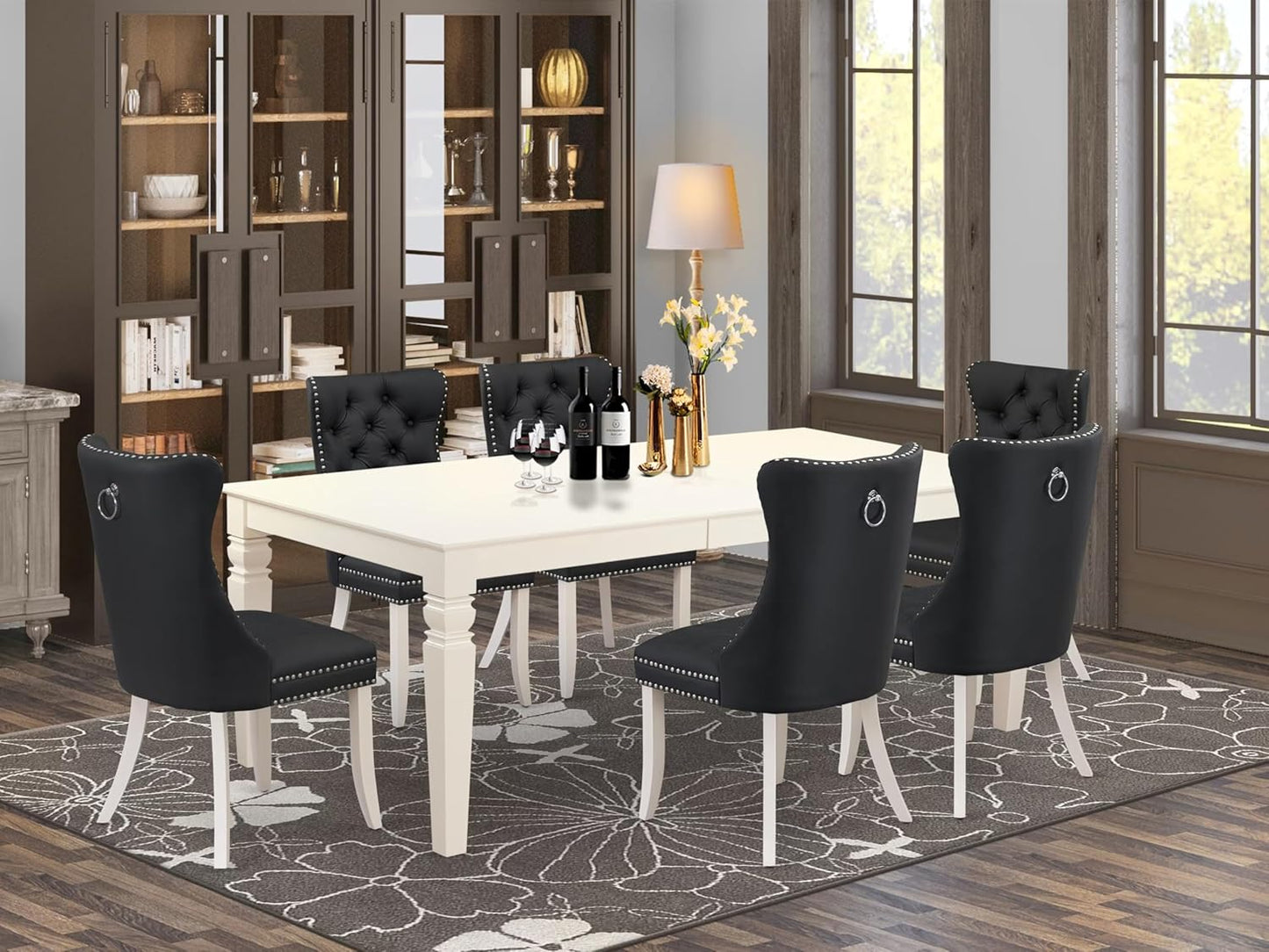 East West Furniture LGDA7-LWH-12 7 Piece Dining Set Includes a Rectangle Kitchen Table with Butterfly Leaf and 6 Polyester Fabric Upholstered Chairs, linen white