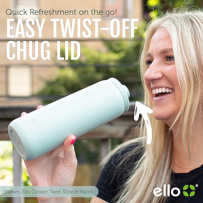 Ello Cooper Twist 32oz Stainless Steel Water Bottle with Chug Lid | Leak Proof | Double Walled and Vacuum Insulated | Built in Carry Loop | Dishwasher Safe | Lilac