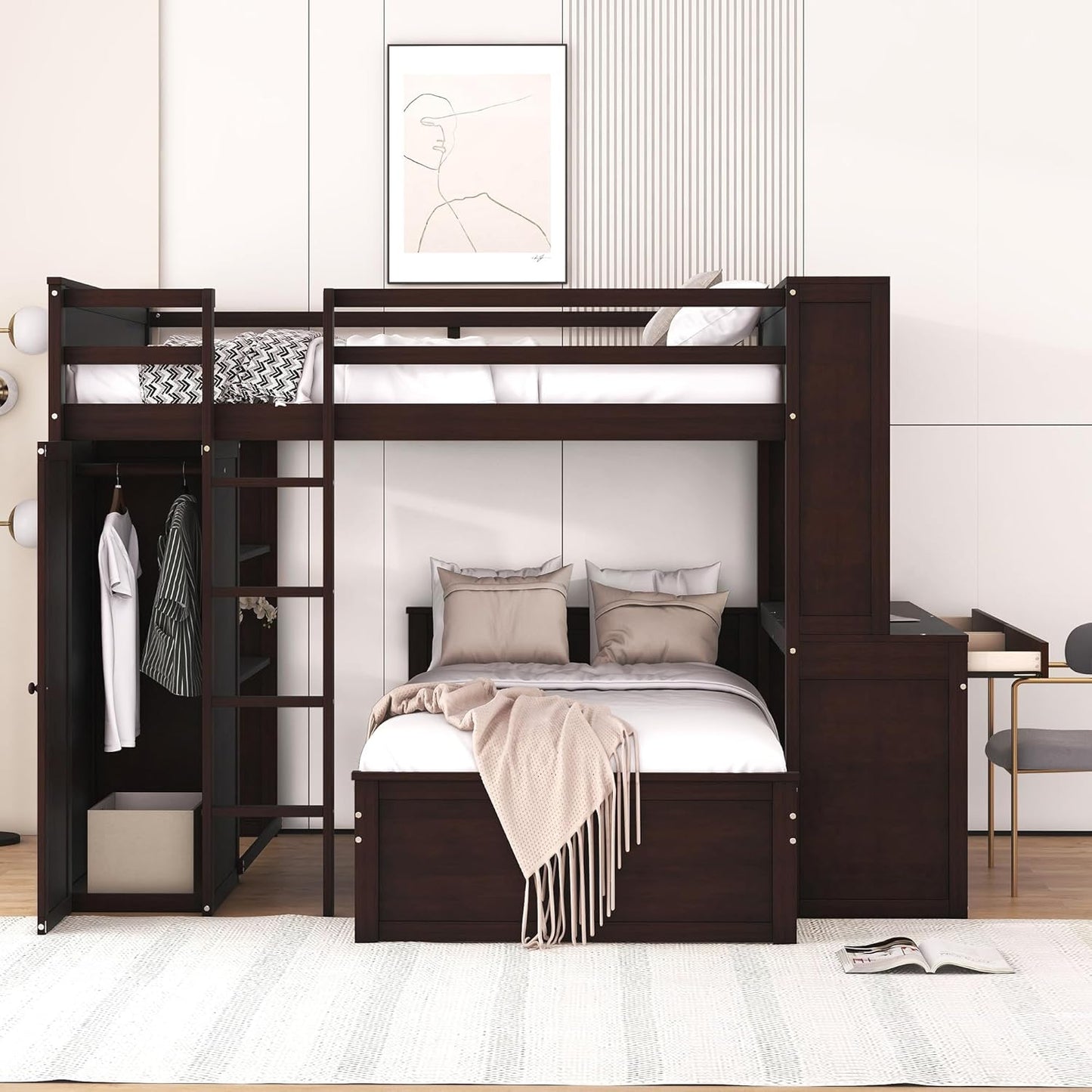Full Size Loft Bed with Wardrobe Desk and Shelves,Solid Wood Bunk Stand-Alone Platform Bedframe,w/Safety Guardrail,for Kids Teens Adults Bedroom,Espresso