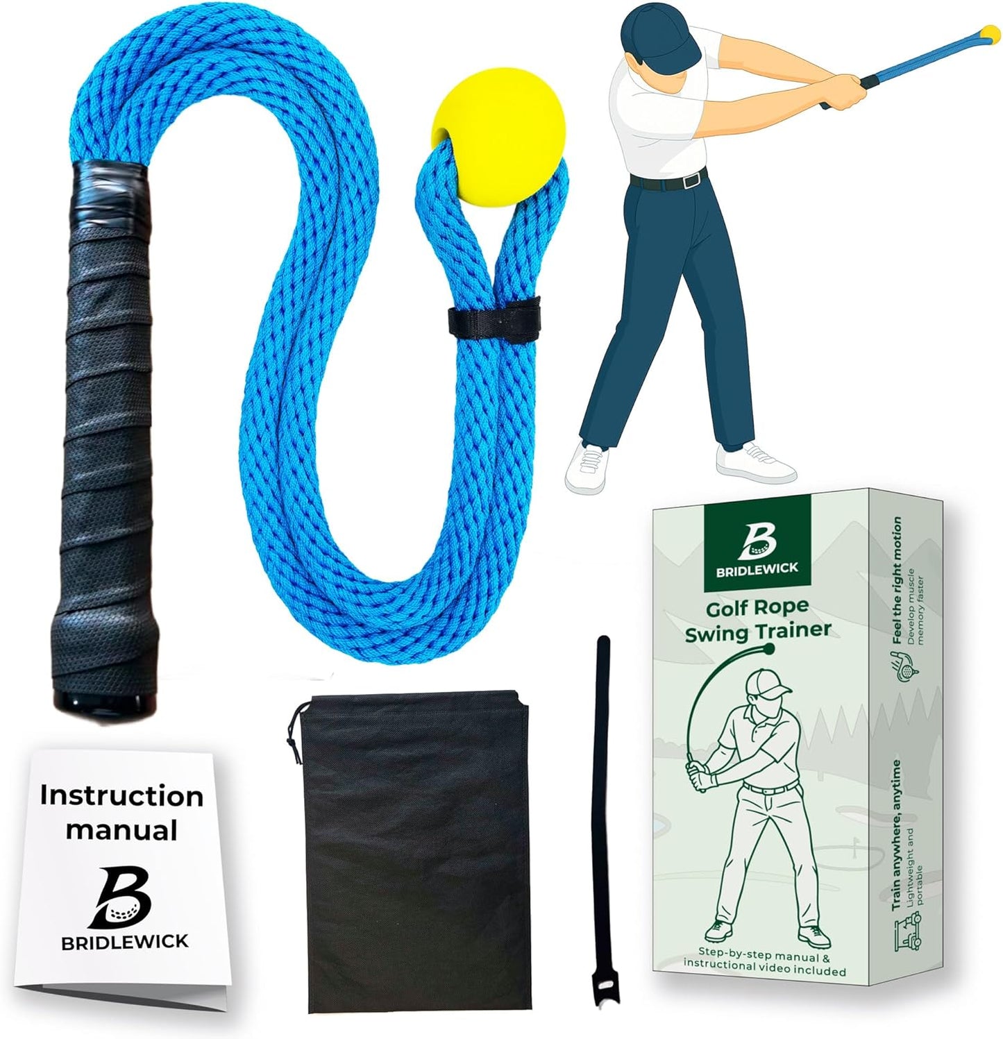 Golf Rope Swing Trainer – Weighted Rope with Yellow Ball, Improve Swing Speed, Tempo, Rhythm & Strength – Indoor/Outdoor Training Aid with Manual, Bag – for Men & Women