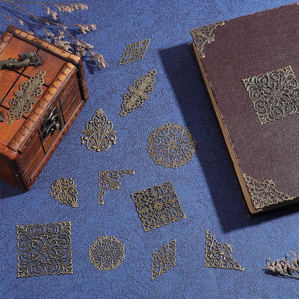 PH PandaHall 120pcs 10 Styles Filigree Connectors Charms Book Corners Iron Filigree Connector Charms Antique Bronze Metal Embellishments for Scrapbooking Album Book Corners Jewelry Making Craft Decor
