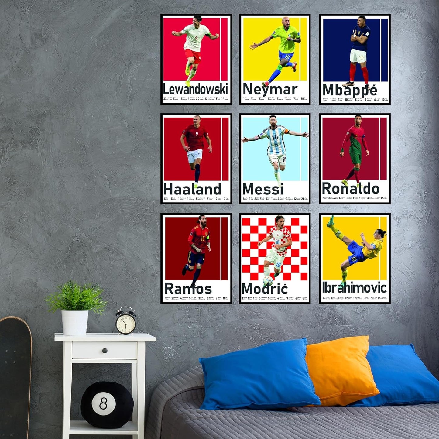 BigWig Prints Soccer Posters - Soccer Decor for Boys Room, Ronaldo & Messi Poster, Mbappe, Neymar, Zlatan Ibrahimovic, Ramos, Modric, World Cup Wall Art, Fifa Art - Unframed Set Of 9 (8x10”)