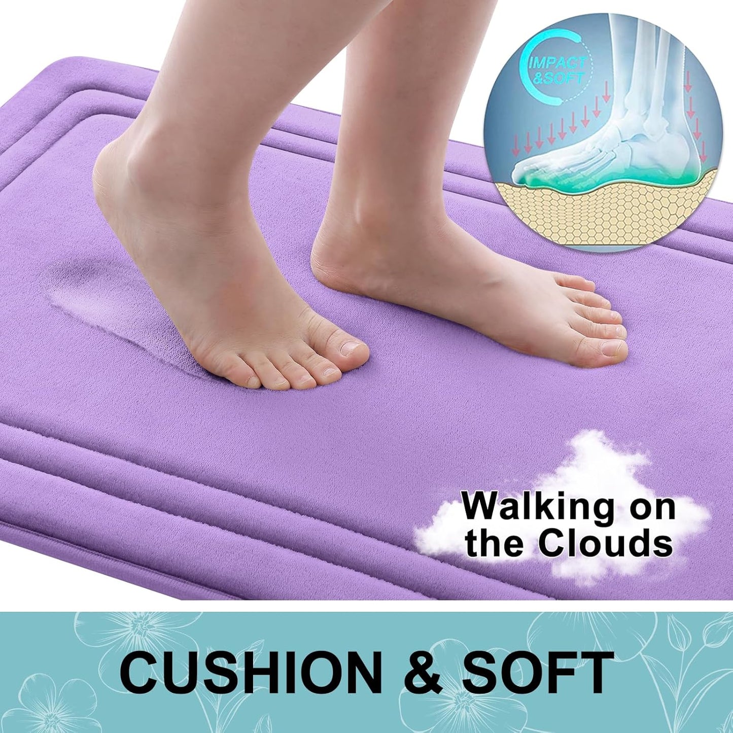 Grandaily Memory Foam Bath Mat Rug 24x16, Ultra Soft, Non-Slip and Absorbent Bathroom Rugs, Machine Wash Dry, Comfortable Bath Carpet for Bathroom Floor, Tub and Shower, Lavender