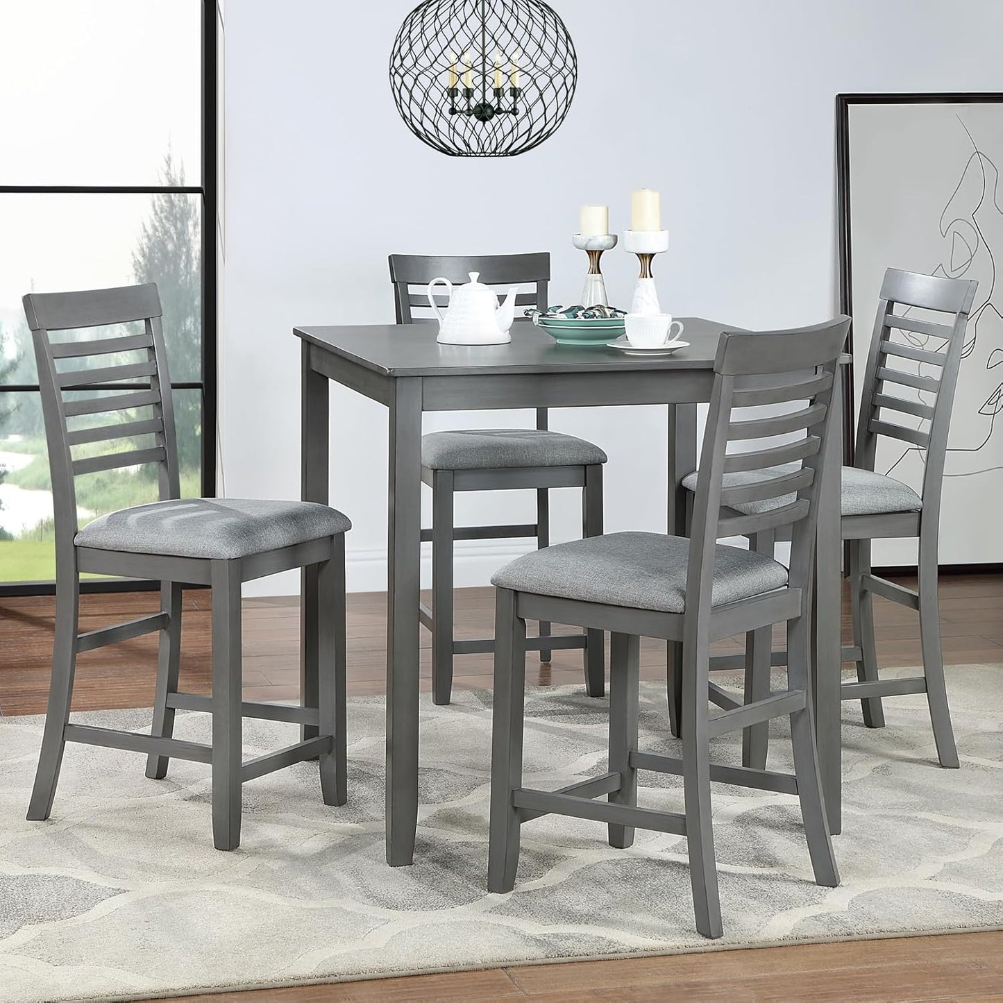 KEIKI 5-Piece Counter Height Dining Table Set with Square Table and 4 Upholstered Ladder Backrset Chair, for 4 Person, Modern Style Wooden Table Set, Easy Assembly, for Kitchen, Dining Room, Gray