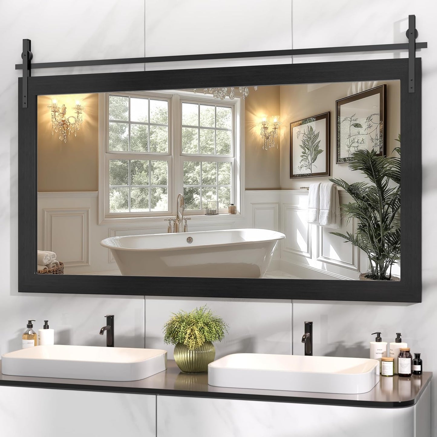 Hasipu Farmhouse Bathroom Mirror, 60"x30" Rustic Wood Framed Wall Mounted Mirror, Black Vintage Vanity Mirror Barn Door Style Decrative Mirrors