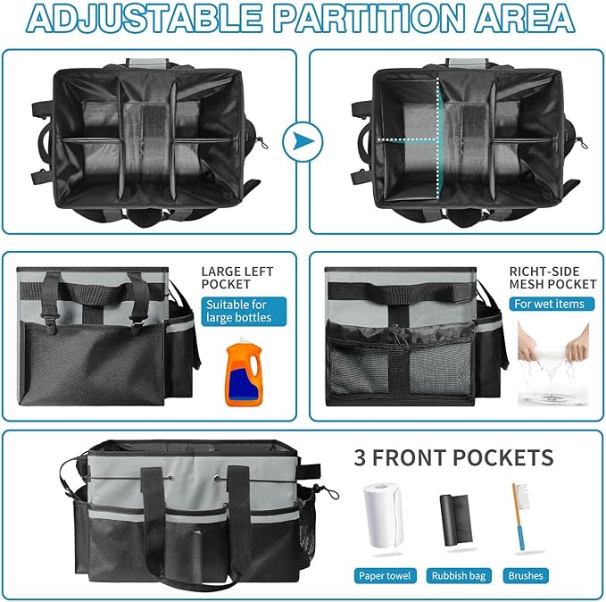 Organizer with Handles for Cleaning Tools, 17.8*12.2*9.3in Large Cleaning Caddy Bag Waterproof Car Cleaning Tool Organizer Bag with Shoulder Detachable Divider for Cleaners Housekeeper(Grey)