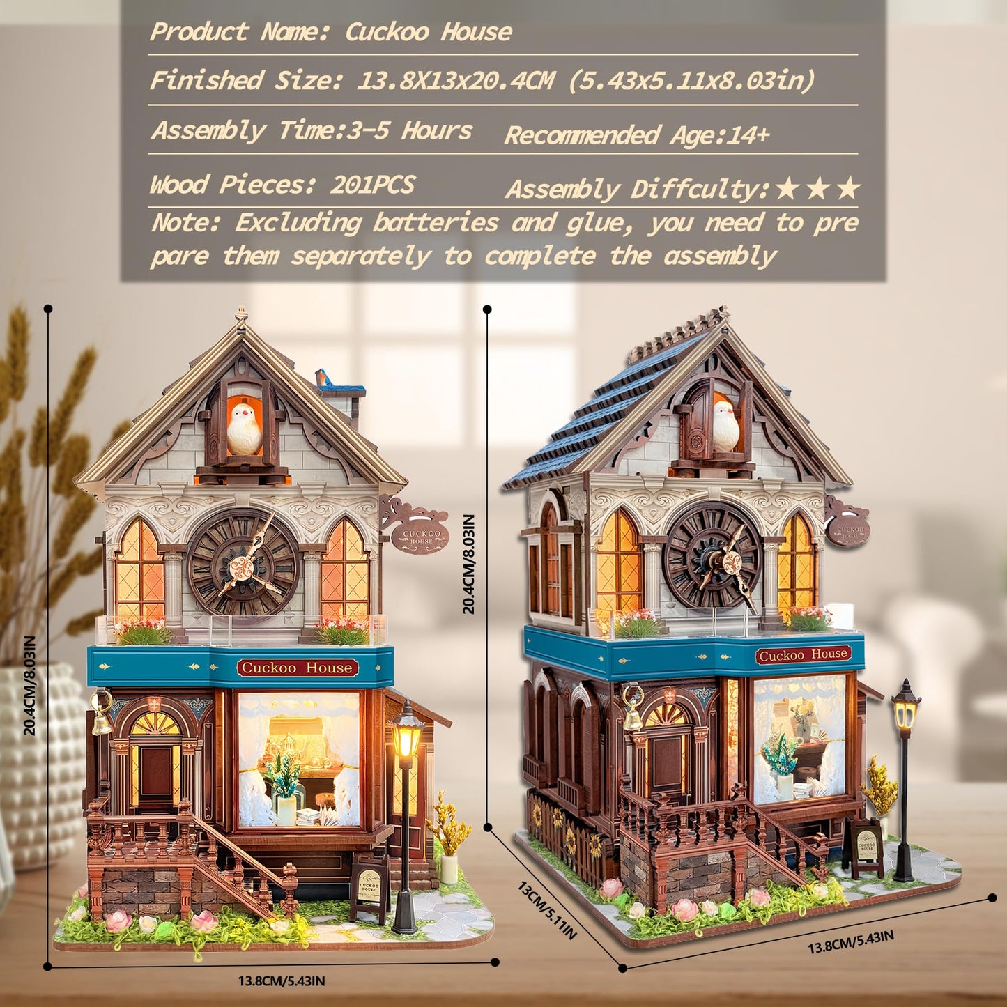 SUNNINO Miniature Dollhouse Kit, Cuckoo House 3D Wooden Puzzles for Adults Mini House Building Kit with 3 Modes Touch Switch Christmas Birthday Gifts Home Decor for Adults and Teens