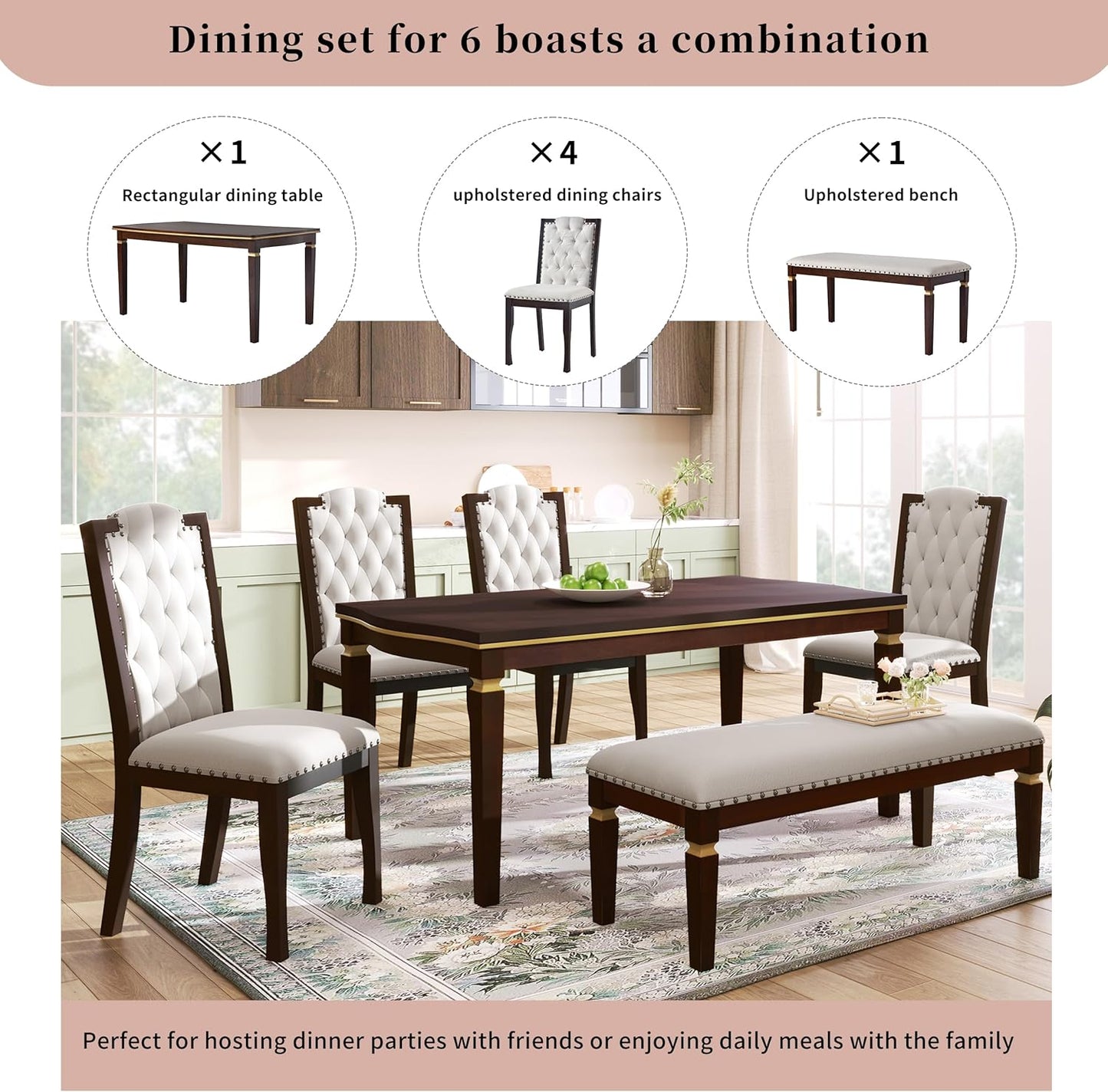Merax 6-Piece Kitchen Dining Table Set, 62.7" Rectangular with 4 High-Back Tufted Chairs & 1 Bench for Kitchen Room, Espresso