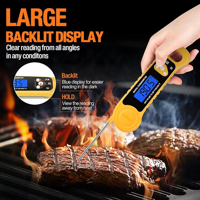 Meat Thermometer Digital, Instant Read Food Thermometer - Waterproof w/Backlight for Cooking, Candy, Deep Fry, BBQ, Grill, Candy Making Accessories, Gifts for Men Women(Yellow)