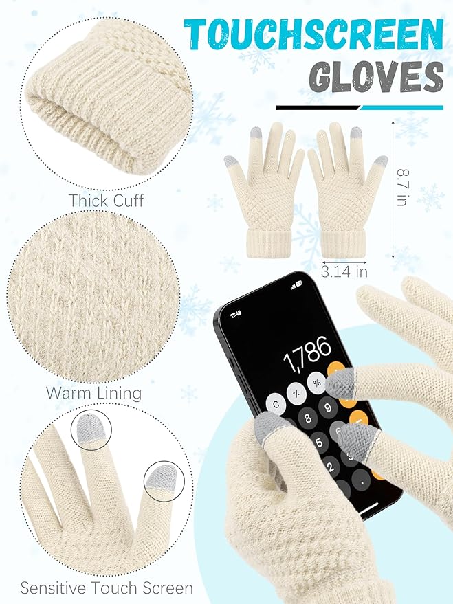Winter Hat Scarf Gloves and Ear Warmer, Knit Warm Beanie Hat Touch Screen Gloves Long Knitted Plaid Scarf Set Gifts for Women