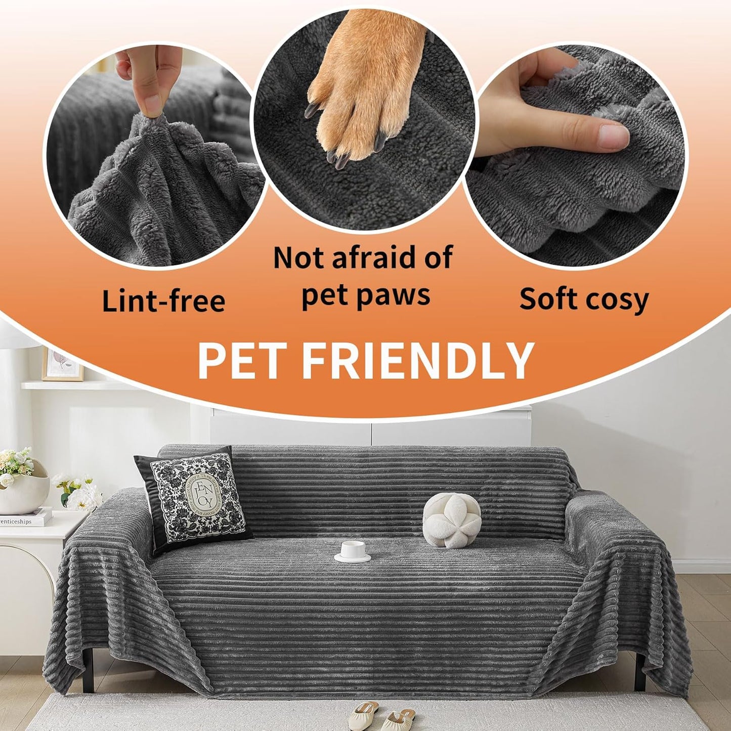 HAOMAIJIA Faux Fur Sofa Covers Couch Covers for 2 Cushion Couch Sofa Pet Friendly Soft Non Slip Couch Cover for Dogs Washable Sectional Couch Covers L Shape Furniture Protector (Grey, 91"x118")