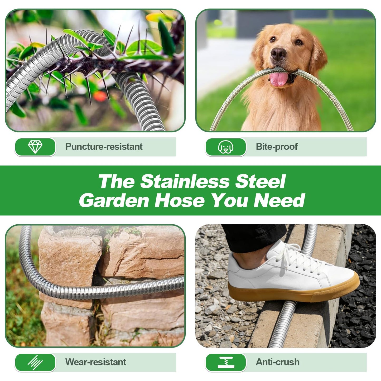 Garden Hose 50FT, Flexible Stainless Steel Metal Water Hose with 10-Function Nozzle, No-Kink, Leak-Proof, Wear-Resistant, 3/4 GHT, Easy to Use and Store for Garden, Yard, Lawn, Outdoor