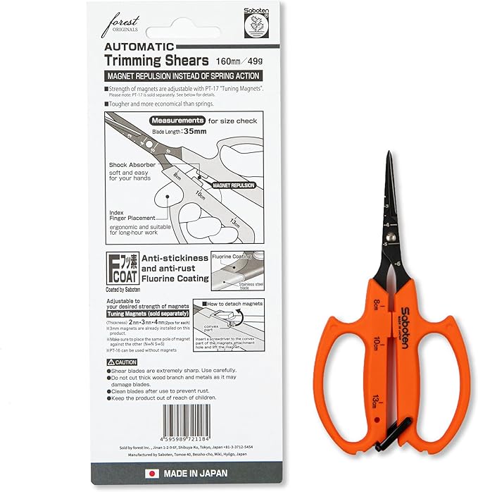 Saboten 6.3" Japanese Harvesting Shears, Magnetic Springless Assist, Fine-Tip Angled Blade, Fluorine-Coated Stainless Steel, Ergonomic Non-Slip Grip, Safety Lock, Made in Japan