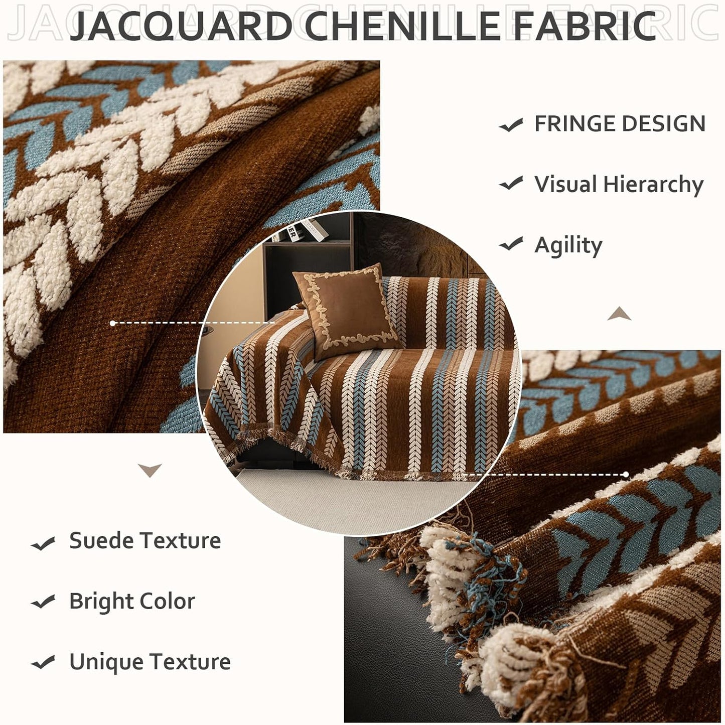 STACYPIK Khaki Jacquard Leaves Sofa Cover, Vintage Couch Cover for Dogs, Washable Pet Protector for 2 Cushion Couch, Non-slip Chenille Sofa Covers for Loveseat, Boho Couch Cover for Sectional-71X118IN