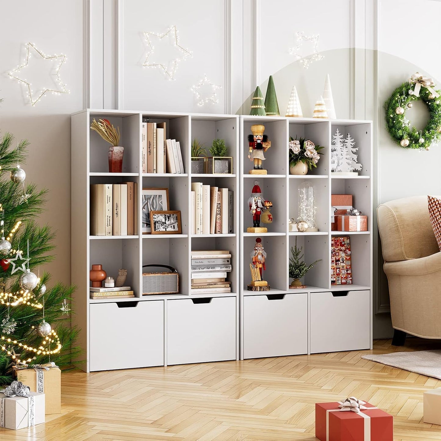 GarveeHome 55 Inches Tall Bookcase with 2 Drawers, Open Storage Bookshelf with 4 Tier Adjustable Shelves, Large Open Book Cabinet Standing for Home Office, White