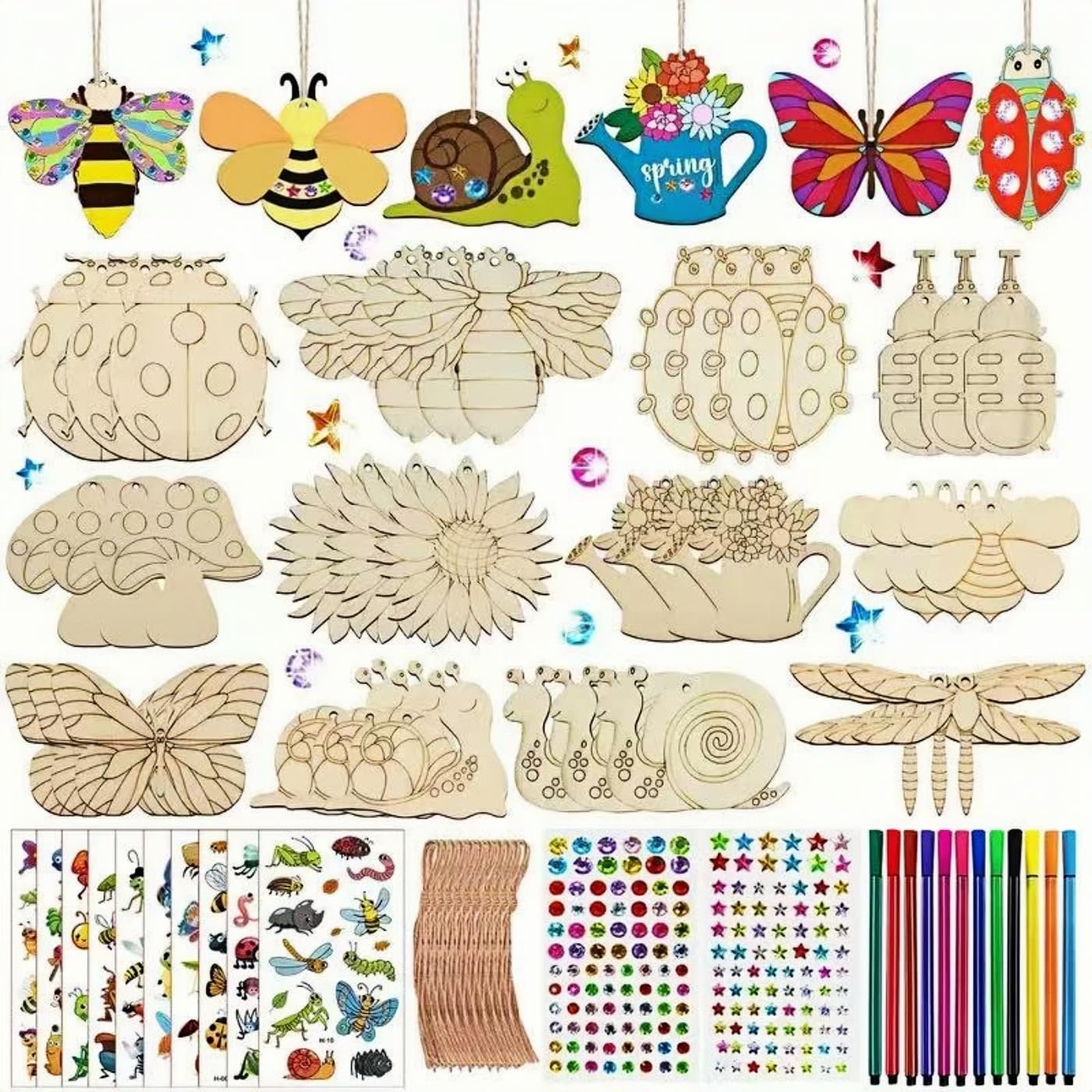 ShaoAngDuoMi 36PCS Paint Your Own Wooden Crafts Kit for Kids – DIY Plant & Insect Wood Shapes with Paint Pens & Stickers, Family Art Activity, Garden Tree Hanging Decorations, Creative Gift