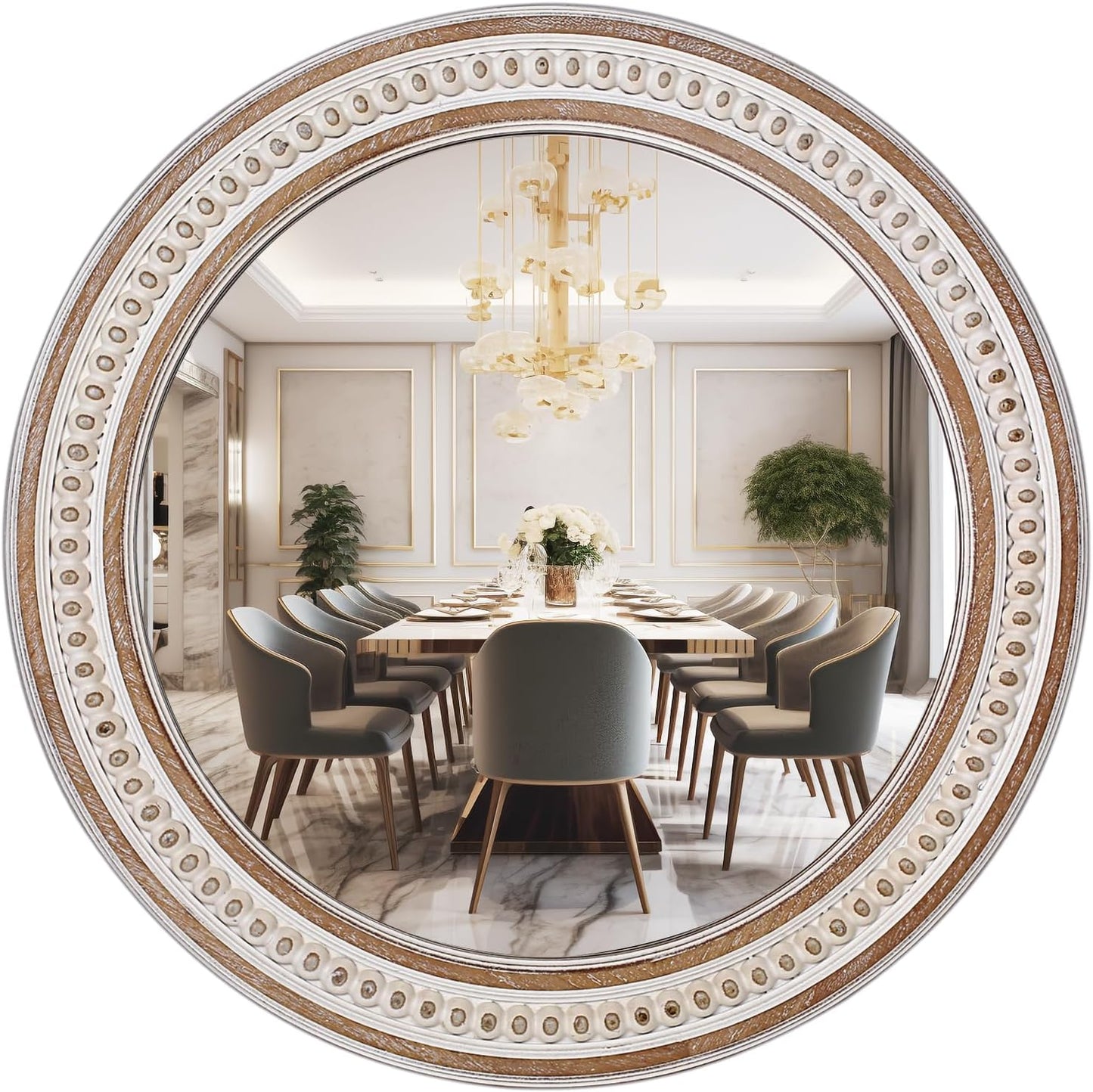32'' Boho Wooden Large Round Wall Mirrors, Rustic Farmhouse Circle Mirrors Decorative Mirrors for Bathroom, Bedroom Over Sink, Living Room, Entryway