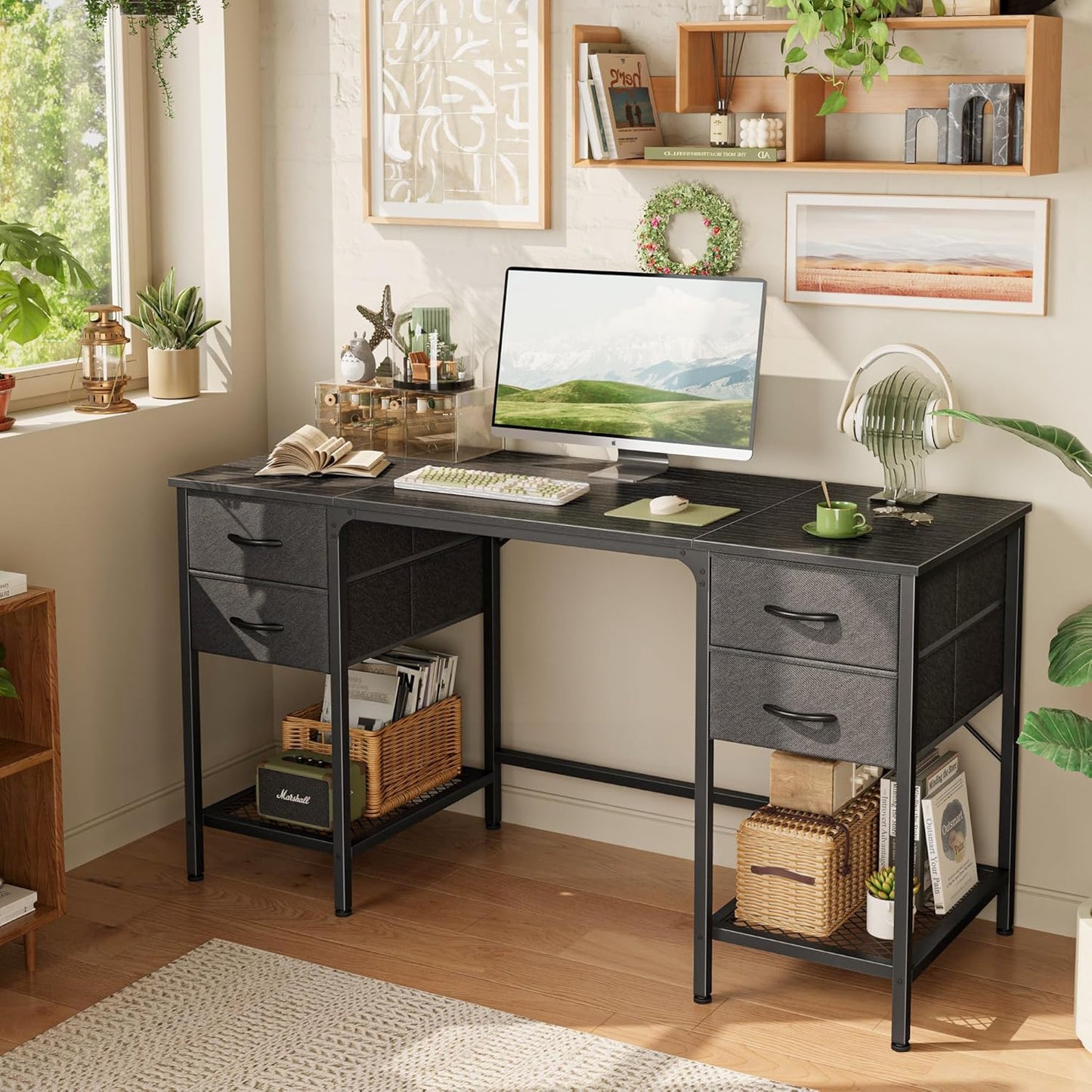 Huuger 55 Inch Computer Desk with 4 Drawers and Mesh Shelf, Gaming and Work Desk for Home Office, Study, Bedroom, Work from Home