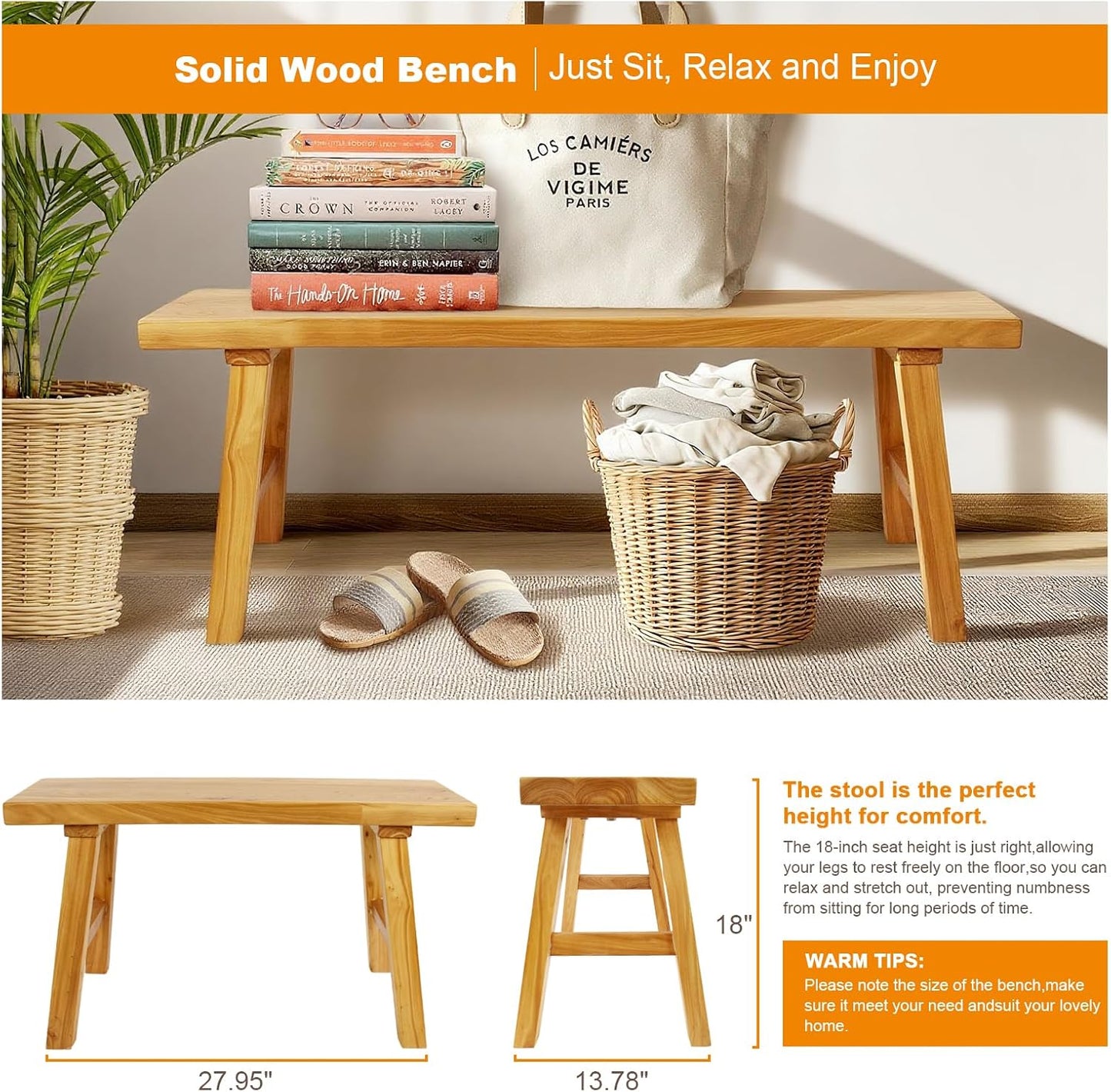 Farmhouse Solid Wood Bench: Long Rustic Indoor Narrow Wooden Bench for Entryway,Living Room, Dining Room,End of Bed,Hallway (20" Lx10 Wx18 H)