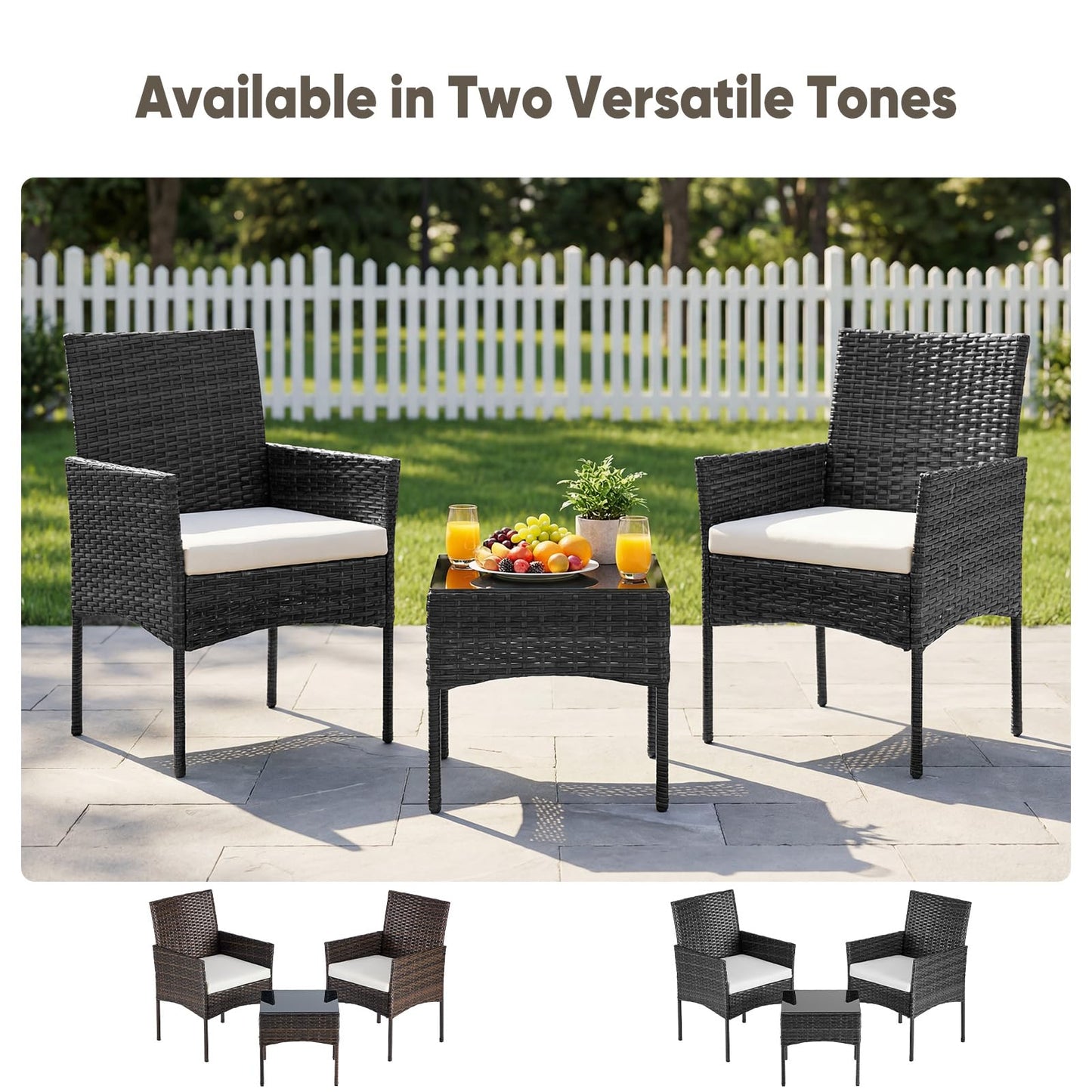 DUMOS 3-Piece Patio Furniture Set, All-Weather Outdoor Wicker Chairs with Removable Cushions & Tempered Glass Table, Small Bistro Set for Porch, Balcony, Lawn, Backyard, Black