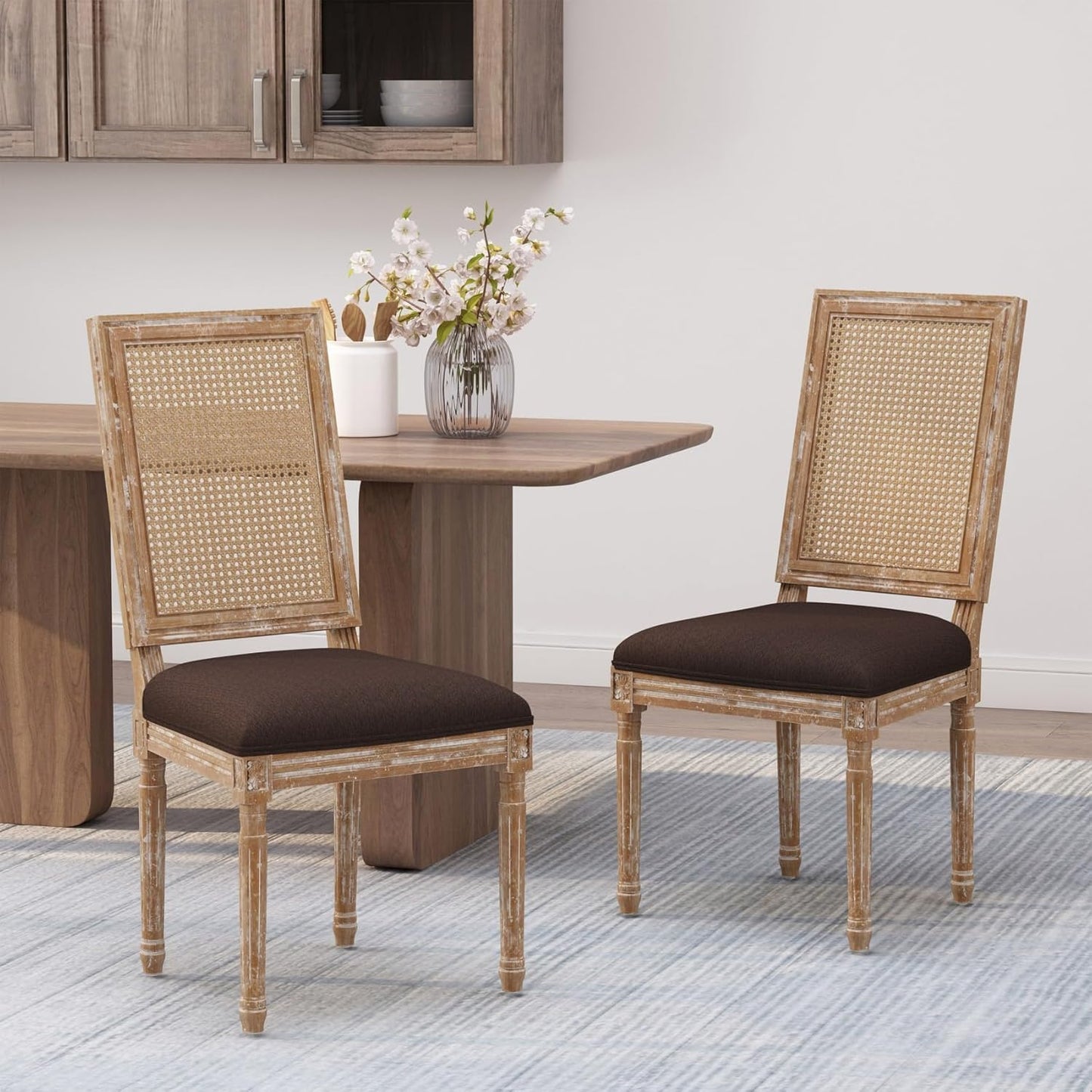 Merax Upholstered Solid Wood Dining Chairs Set of 2, French Country Style Accent Side Seating Furniture for Kitchen, Living Room, Wicker Back, Brown