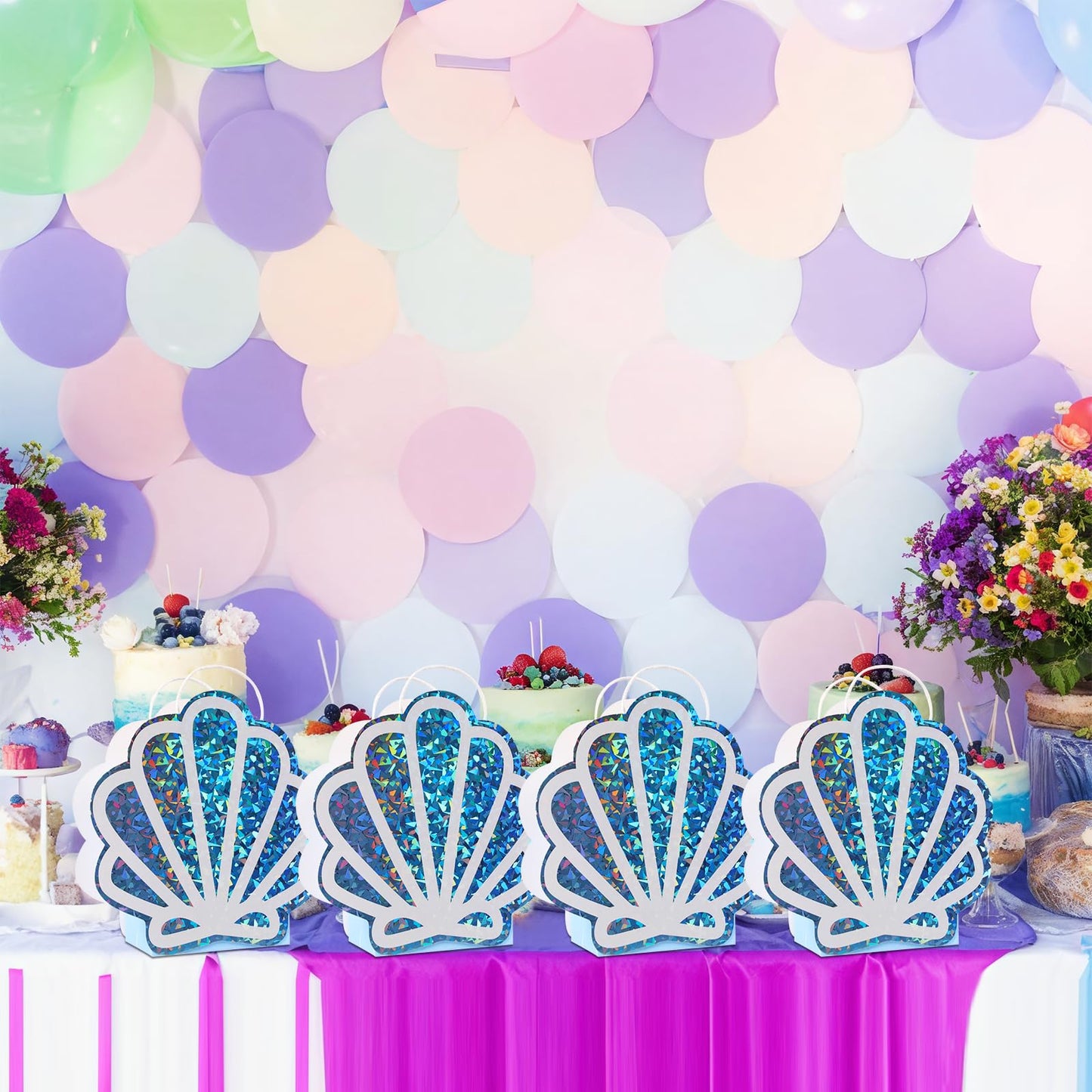 Sariiraw 24 Pack Mermaid Party Favor Bags with Handles, Holographic Seashell Goodie Bags for Under The Sea Theme Party Decorations, Mermaid Birthday, Baby Shower Supplies, 4.7"x3.1"x8.3"