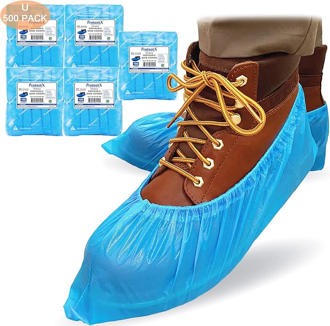 ProtectX Disposable Shoe & Boot Covers, 500-pack (250 pairs), Waterproof, Slip Resistant, Boot & Shoe Covers, Durable CPE plastic, Fits up to Men’s 10.5 US Size and Women’s 12 US Size Shoes