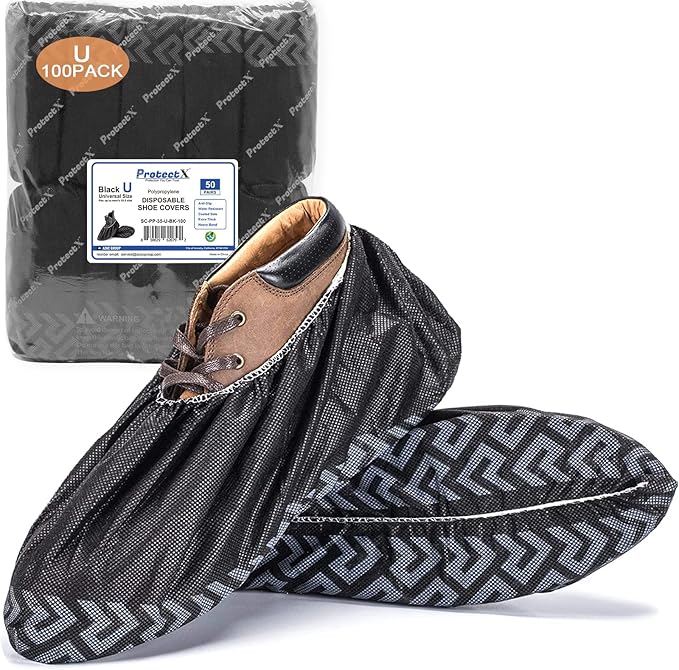 ProtectX Premium Disposable Large Shoe Covers, Slip Resistant, Durable Non-Woven Polypropylene Fabric for Booties, Fits Up to 10.5 US Men and 12 US Women Size, Black 100-pack (50 pairs)