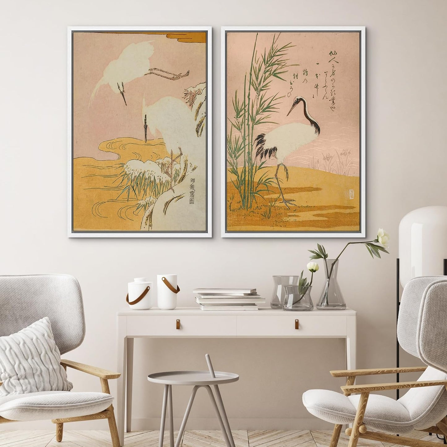 SIGNWIN Framed Canvas Print Wall Art Set Japanese Crane Vintage Style Bird and Bamboo Illustrations Modern Art Rustic Minimal for Living Room, Bedroom, Office - 24"x36"x2 White