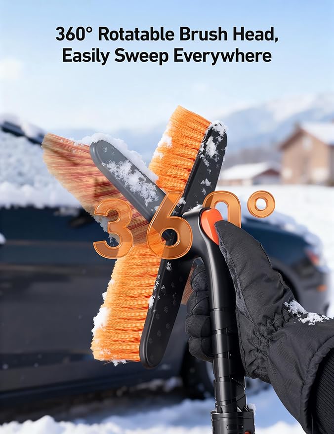 AstroAI 62.4" Ice Scrapers for Car Windshield and Extendable Snow Brush with Foam Grip and 360° Pivoting Brush Head for Christmas Car Auto Truck SUV(Orange)