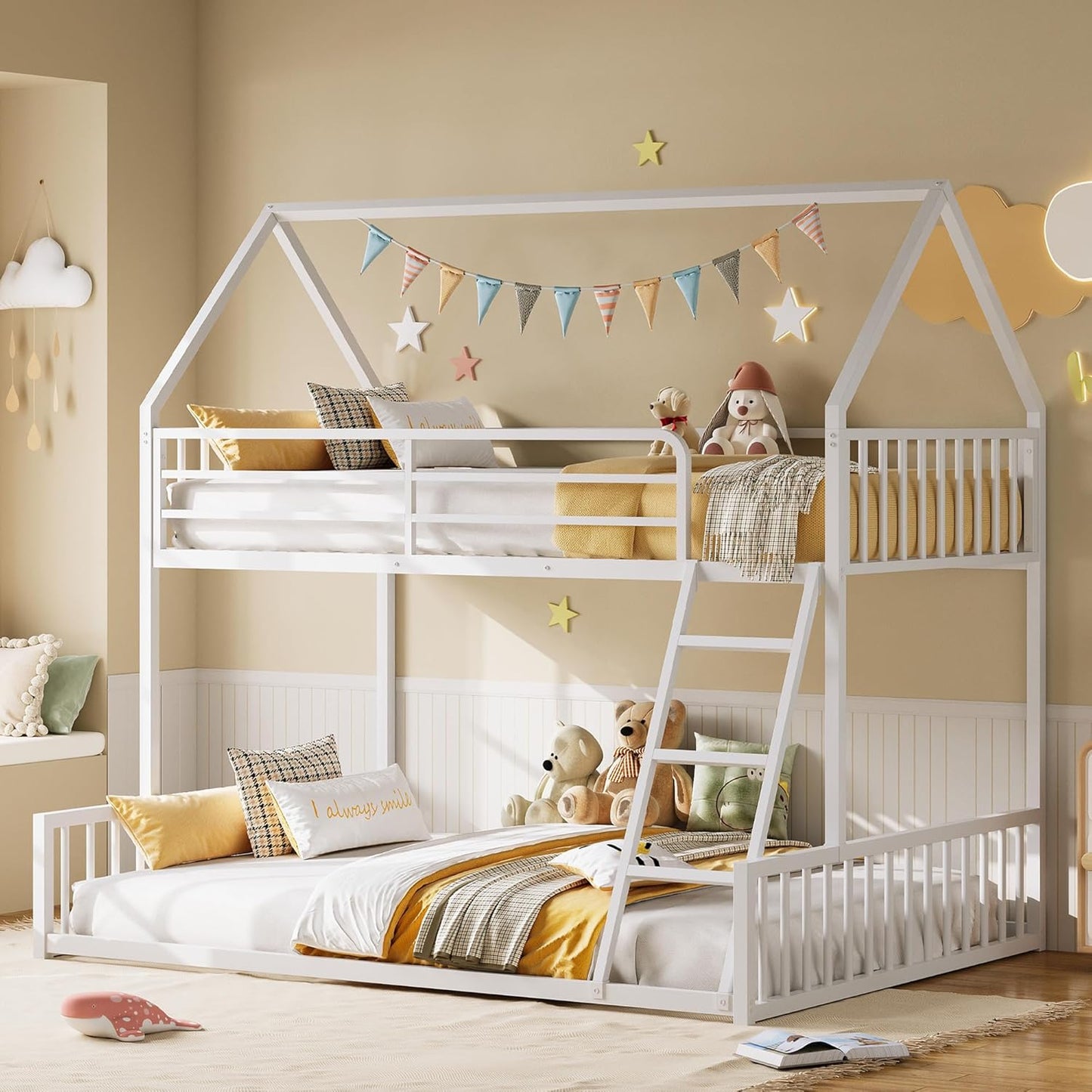 LIKIMIO Bunk Bed Twin Over Full Size, House Bunk Bed Frame with Ladder and Guardrail, House Shaped with Metal Slats Support No Box Spring Needed Space Saving for Bedroom and Dorm, White