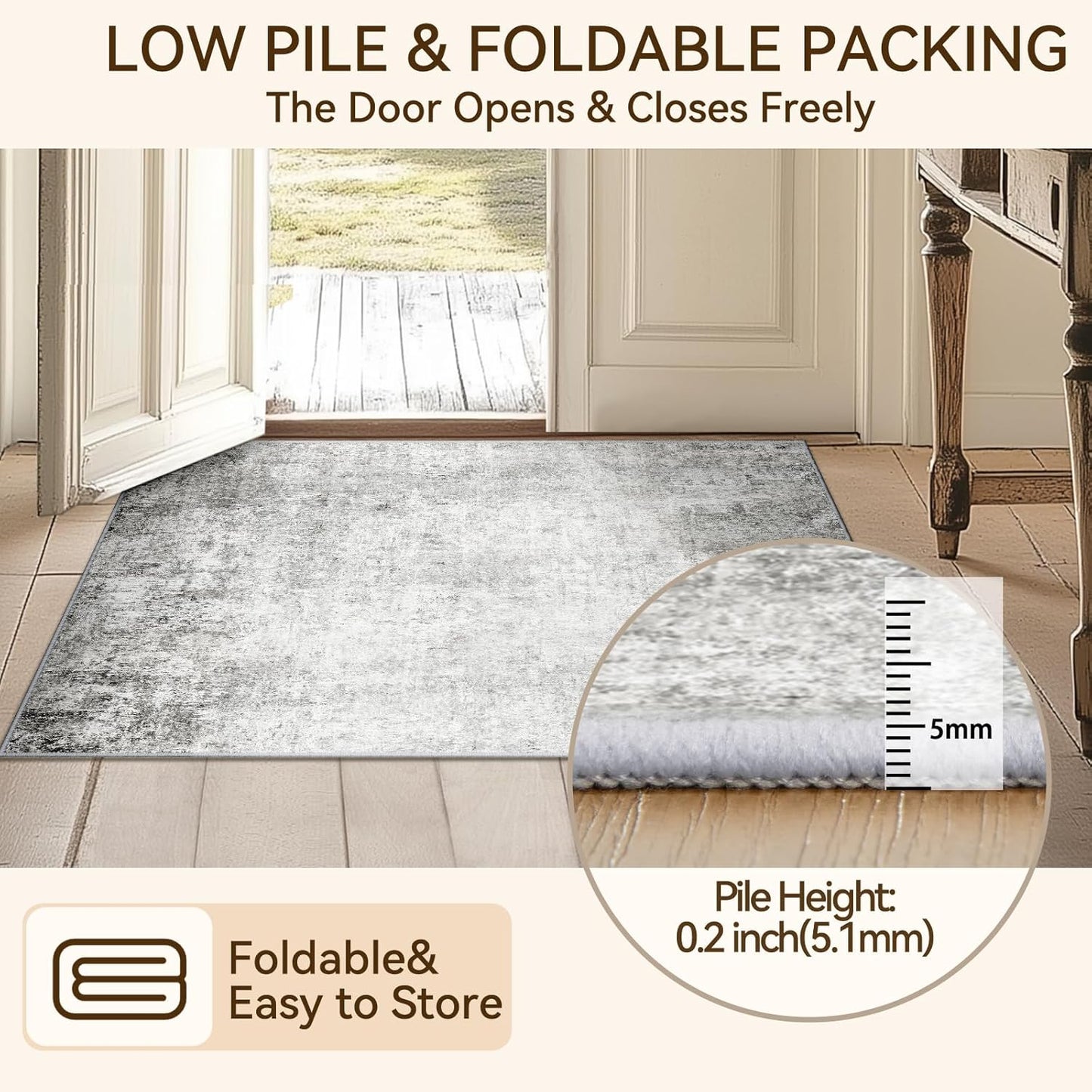 Washable Area Rugs 2'x10' Non-Slip Modern Abstract Soft for Living Room Entryway Bedroom Nursery, Print Pattern, Gray White Grey