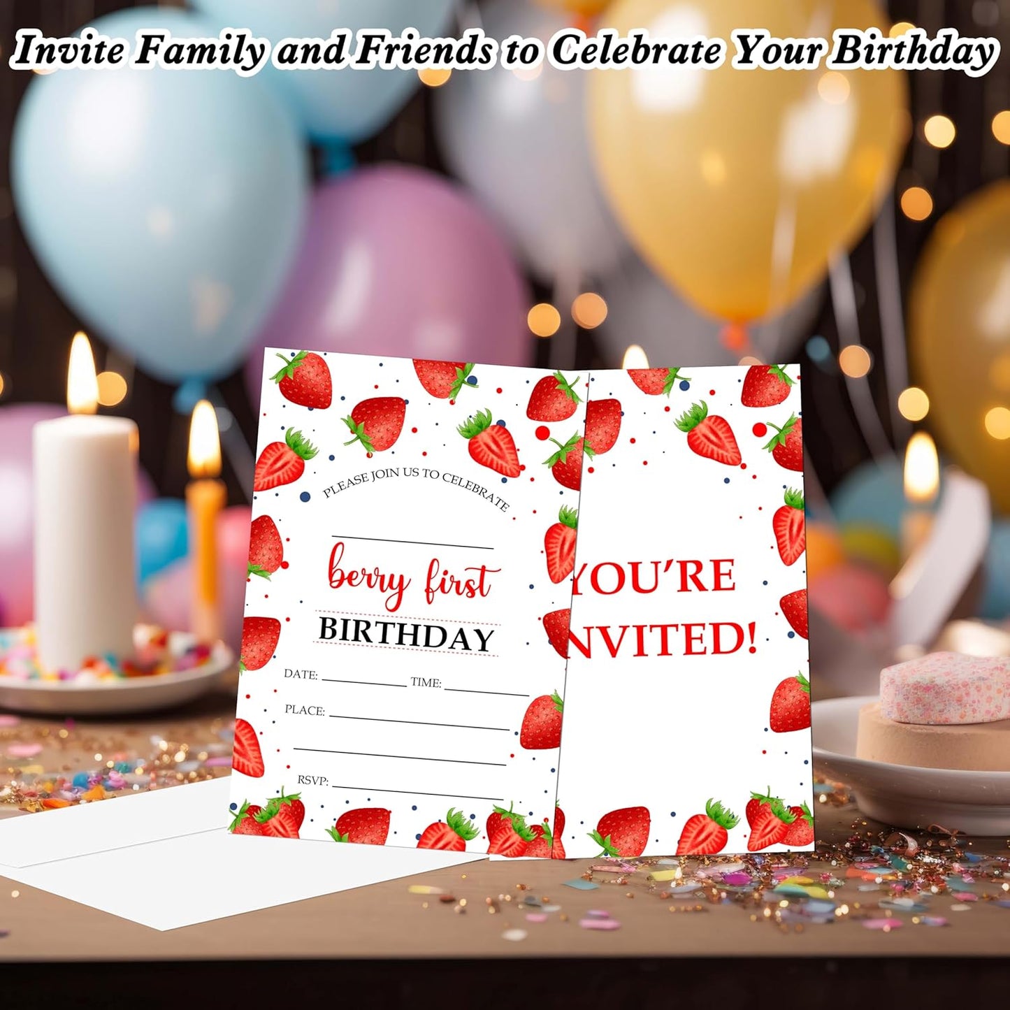 Berry 1st Birthday Invitations, 20 Invitation Cards with Envelopes, Strawberry First Invites for Party Decorations Favor Supplies - A06