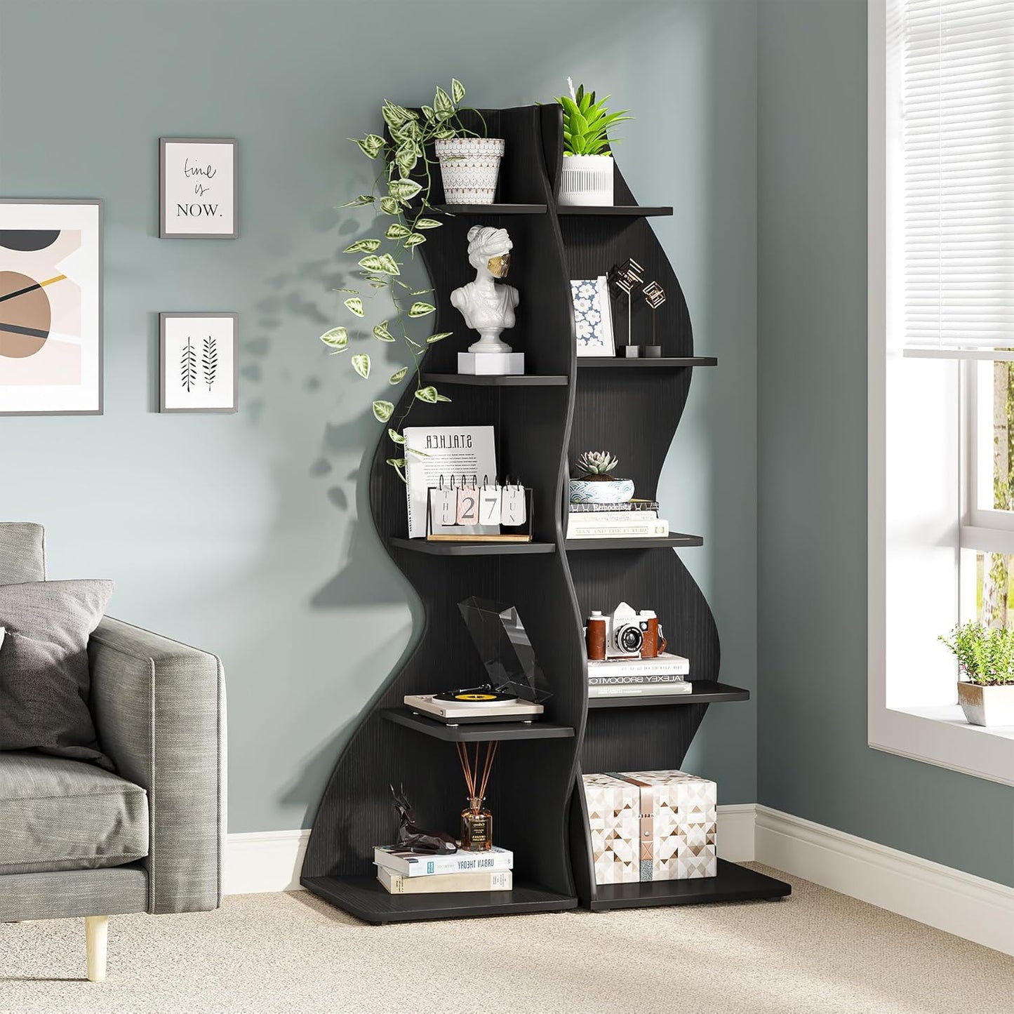 Tribesigns Corner Shelf, Modern 5-Tier Wall Corner Bookshelf, Stylish Corner Small Bookcase Storage Rack Plant Stand with Unique Shape for Living Room, Home Office, (2PCS, Black)