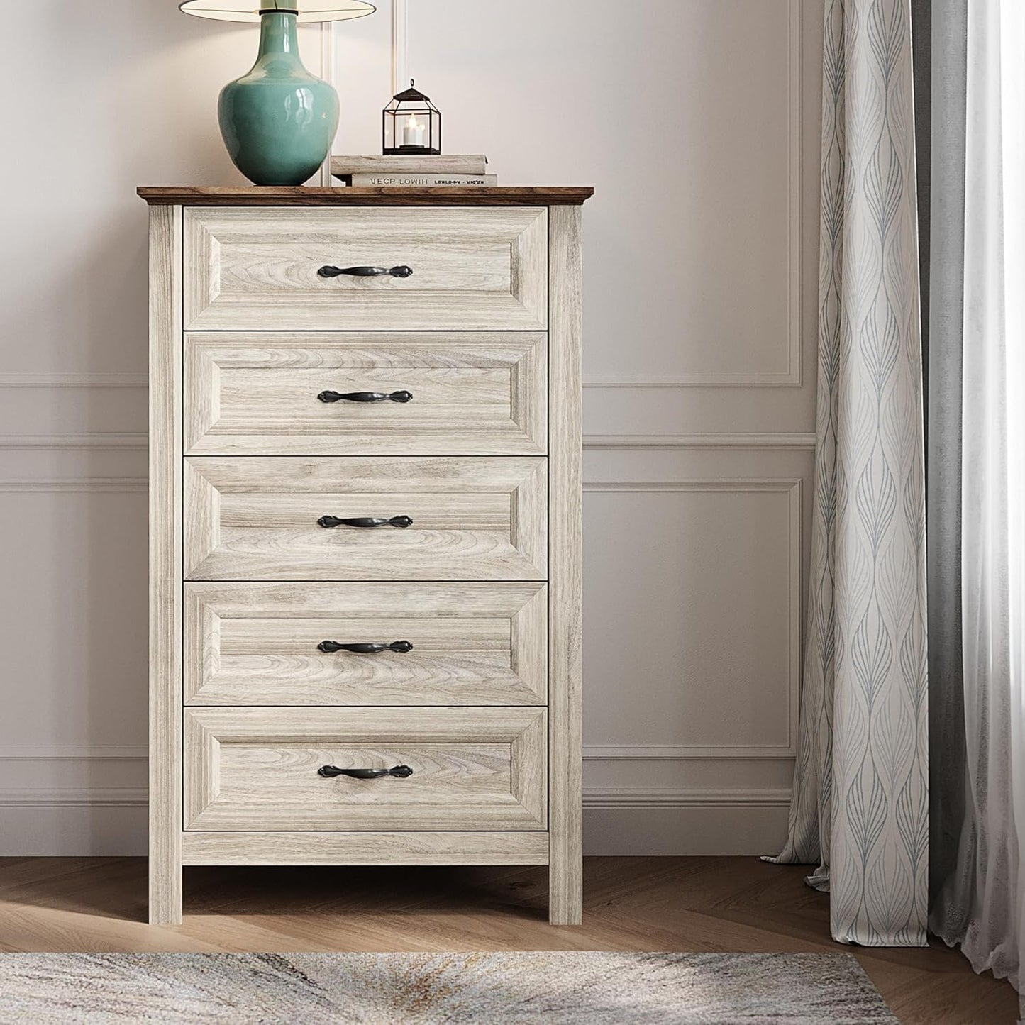 LINSY HOME Tall Dresser for Bedroom with 5 Drawers, 45" Tall Dressers & Chests of Drawers, Modern Farmhouse Large Vertical Dresser with Wood Legs for Bedroom, Closet, Living Room, Hallway, Beige