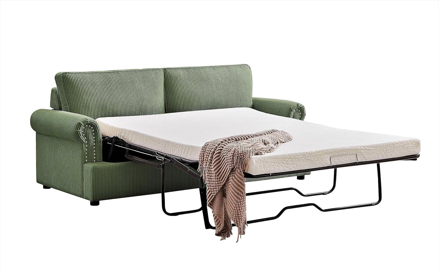 Reversible Sleeper Sofa Bed with Comfortable Memory Foam Mattress, Convertible Corduroy Full Size Pull Out Couch for Living Room, Space Saving Furniture, 72" Wide, Rounded Arms, Dark Green