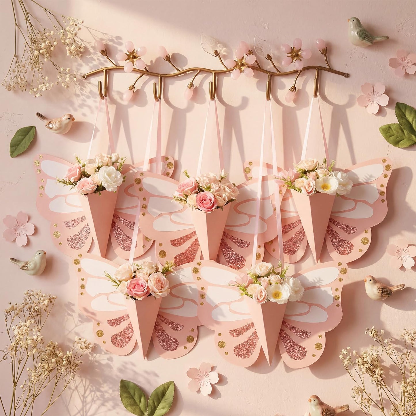 Tenceur 6 Pcs Flower Gift Bags DIY Butterfly Flower Bouquet Bags with Ribbon Pink Butterfly Shape Floral Wrapping Paper for Summer Birthday Wedding DIY Gift Bouquet Wrapping Party Supplies