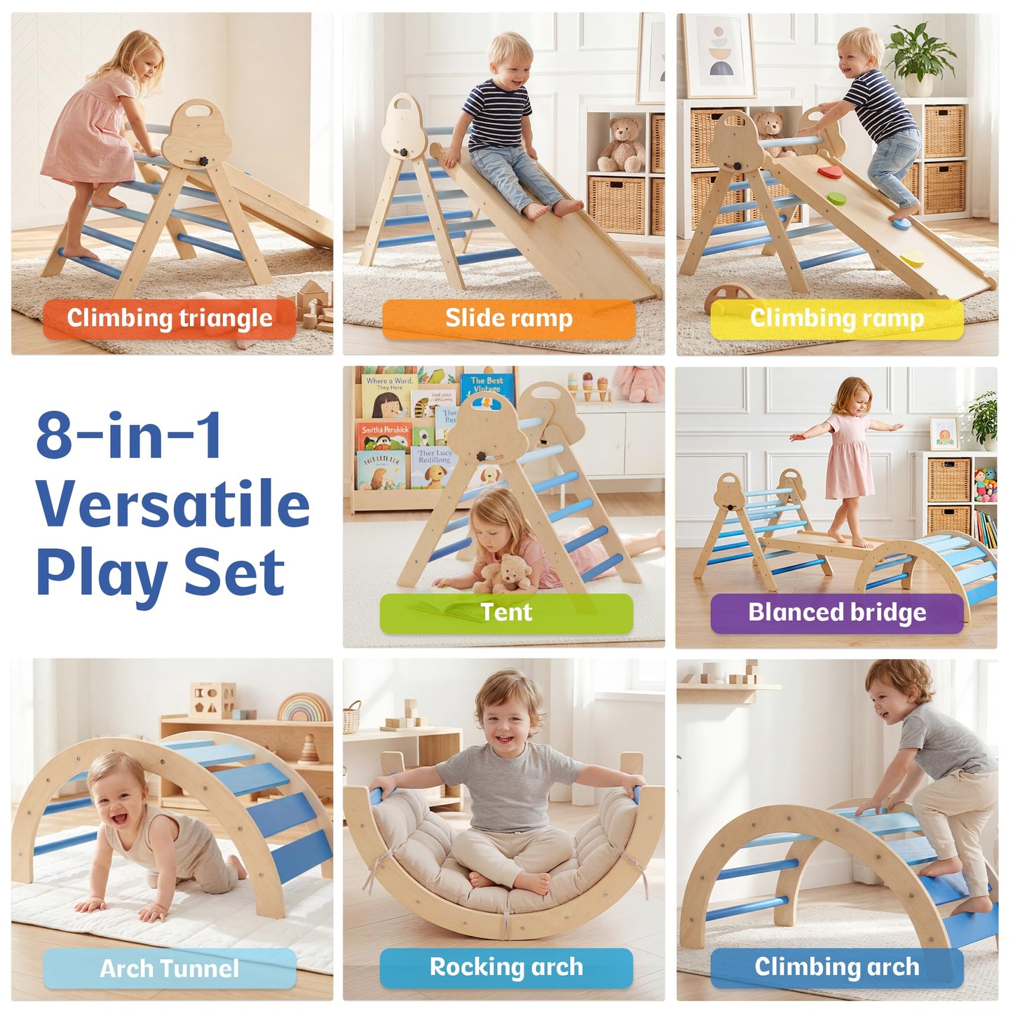 bbgroundgrm 8-in-1 Wooden Climbing Set for Toddlers with Cushion, Foldable Montessori Indoor Climber with Arch, Ramp and Triangle Ladder, Natural Wood Play Gym for Kids 1-3