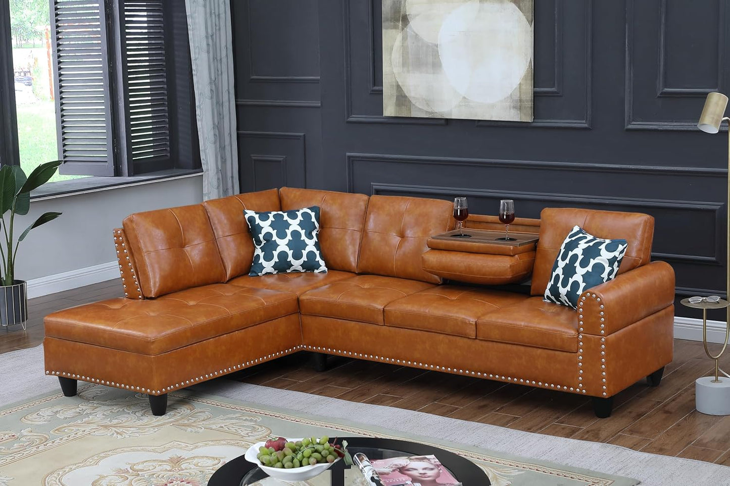 Ball & Cast 98" L Shaped Sectional Couch for Living Room with Chaise & Nailhead Trim,4 Seat Faux Leather Upholstered Modular Sectional Sofa Set 2 PCS W/Cup Holder & Coffee Table,for Home,Office,Ginger