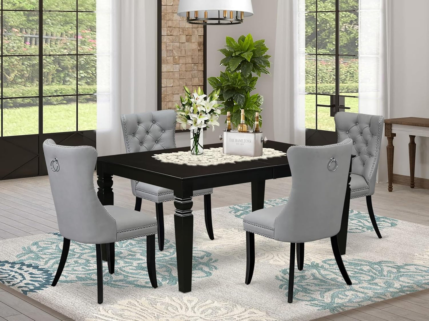 East West Furniture LGDA5-BLK-27 5 Piece Dining Table Set Includes a Rectangle Wooden Table with Butterfly Leaf and 4 Polyester Fabric Parson Chairs, 42x84 Inch, Black
