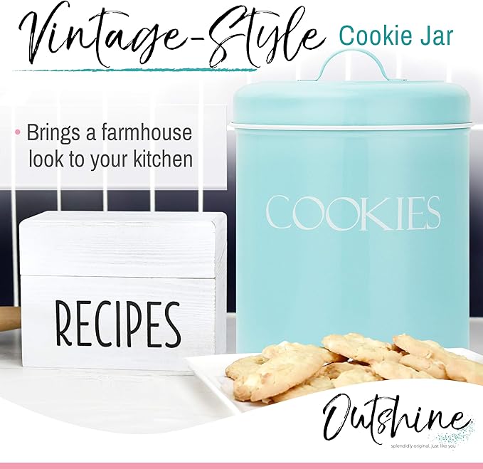 OUTSHINE Cookie Jars for Kitchen Counter | Farmhouse Mint Cookie Jar with Airtight Lids | Vintage Metal Cookie Container | Sweet Cookie Jar for Countertop