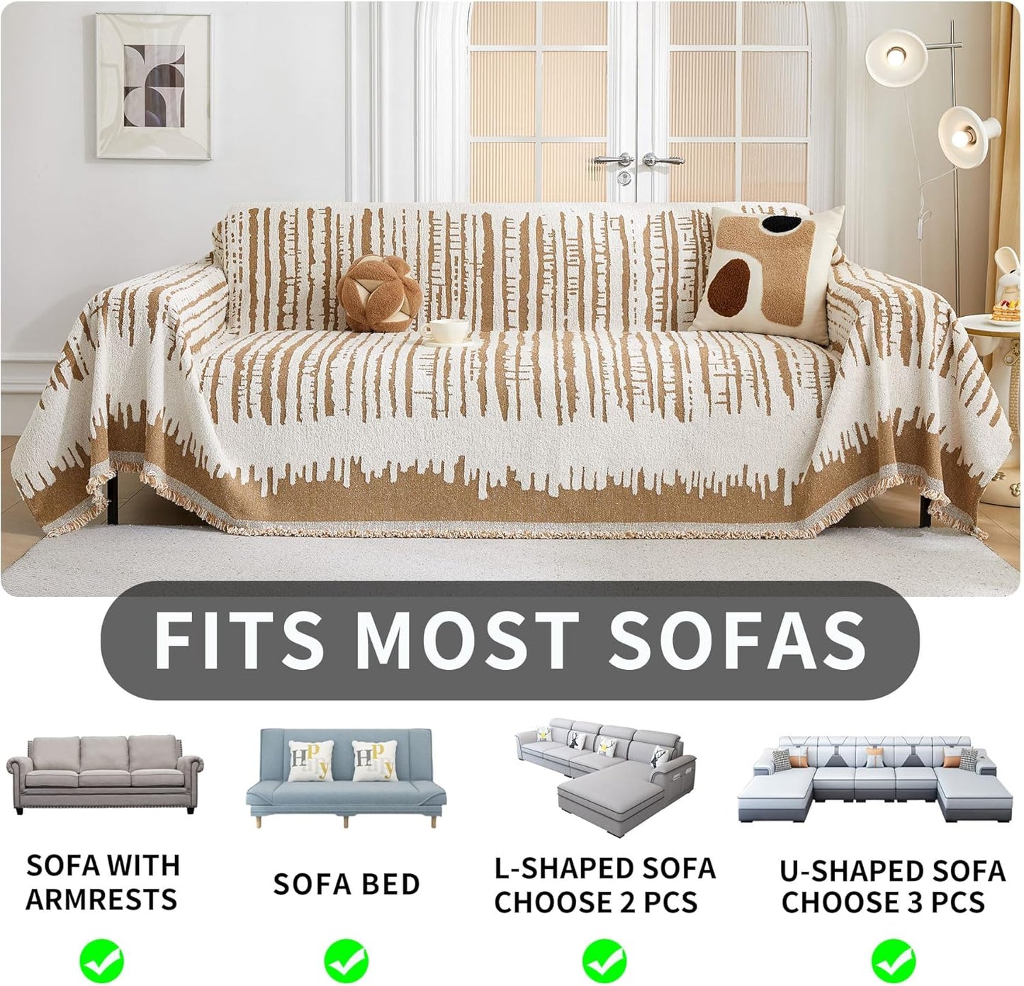 HAOMAIJIA Boho Sofa Covers Couch Covers for 3 Cushion Couch Sofa Pet Friendly Soft Thick Non Slip Couch Cover for Dogs Washable Sectional Couch Covers L Shape Furniture Protecto (XF-Khaki, 71"x118")