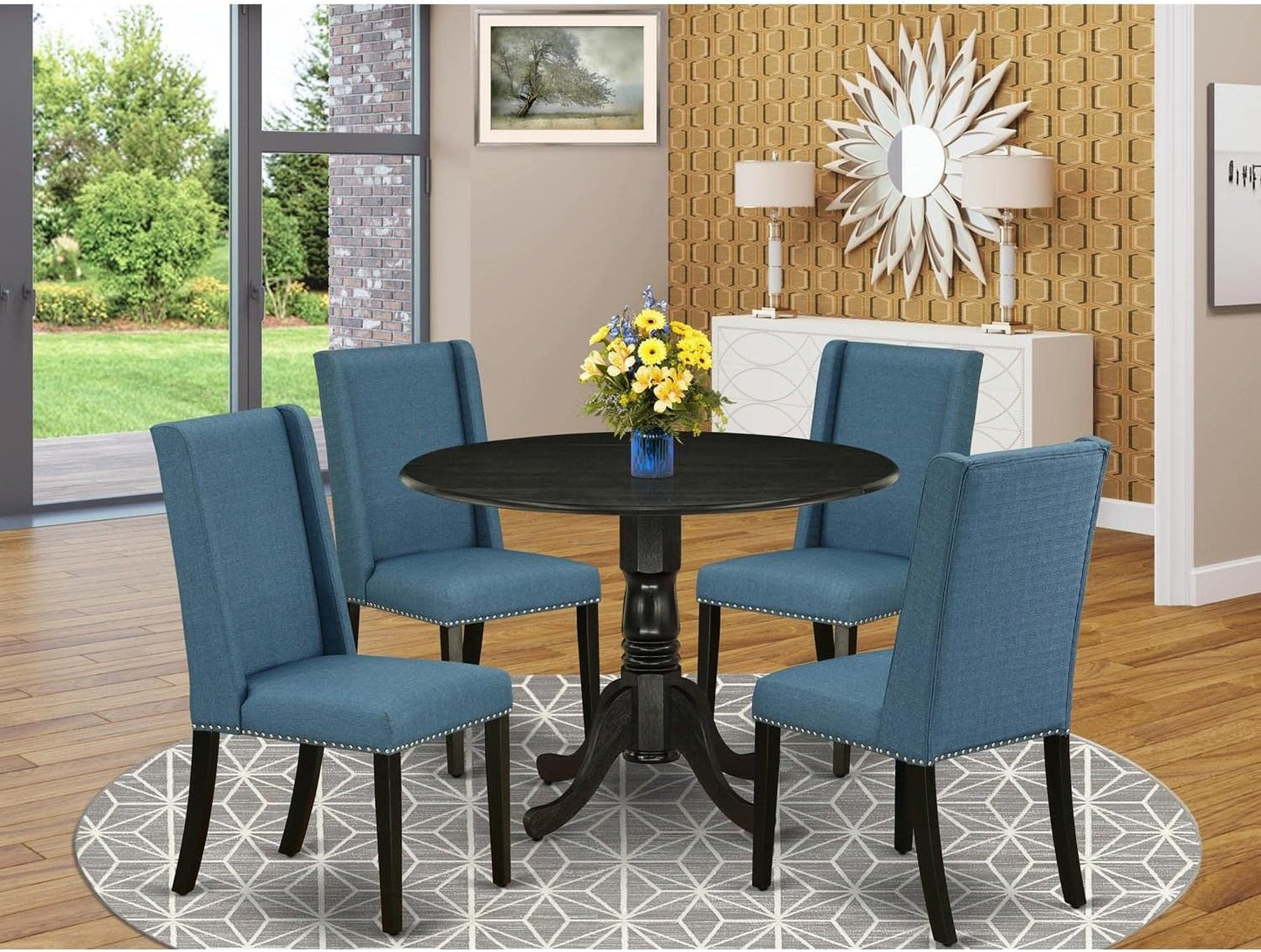 East West Furniture DLFL5-ABK-21 5 Piece Dining Room Table Set Includes a Round Dining Table with Dropleaf and 4 Blue Linen Fabric Upholstered Parson Chairs, 42x42 Inch, Wirebrushed Black