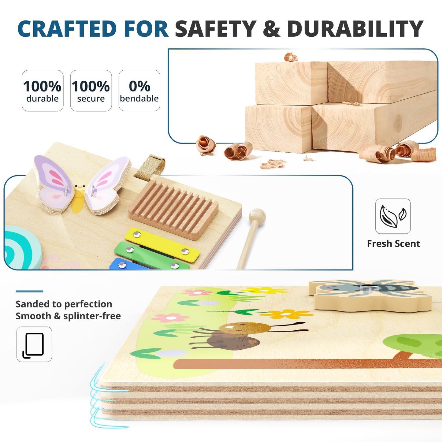 BlueWood Wooden Busy Board for Toddlers, 14-in-1 Montessori Philosophy Educational Toy, Activity Center Made from Basswood, No Drilling, Easy to Carry & Store