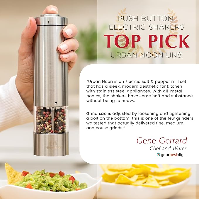 Electric Salt and Pepper Grinder - Battery Operated Stainless Steel Pepper Mill with Light - Automatic One Handed Operation - Electronic Adjustable Shaker - Ceramic Grinder