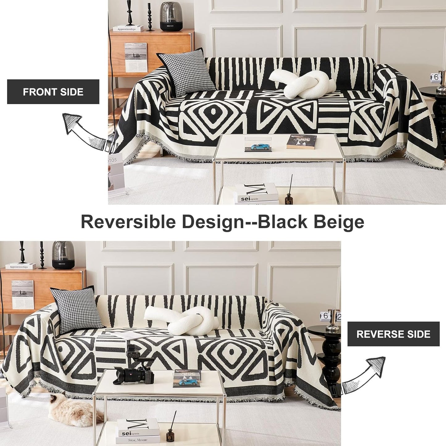 STACYPIK Boho Geometric Sofa Cover Chenille Beige Black Couch Cover for Dog Pet Friendly Couch Protector for 3-4 Cushion Couch Non-Slip Jacquard Sectional Couch Cover Tassels Sofa Slipcover-71x150IN