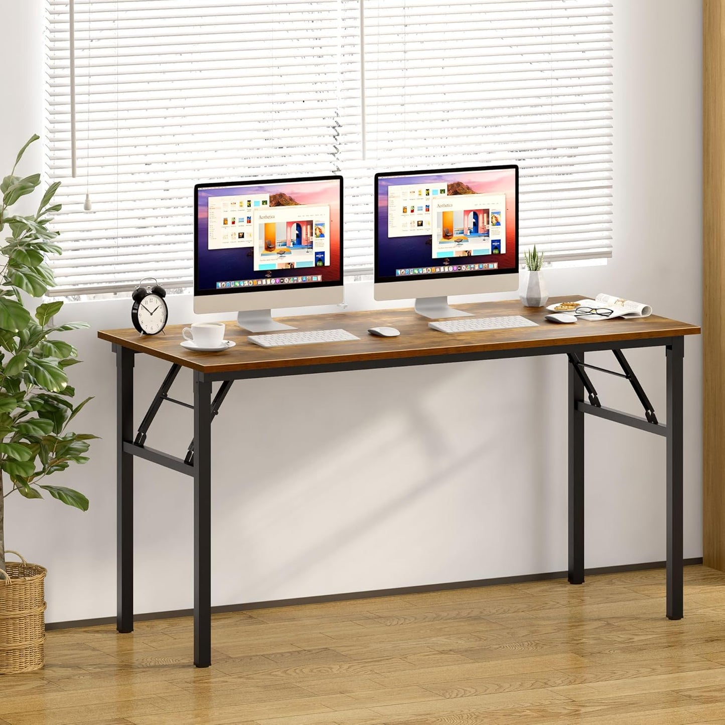 Need Home Office Desk Large Computer Desk 60 inch Sturdy Table Foldable Desk Gaming Computer Table No Assembly Required, Rustic Brown&Black Frame AC5FB(152.4 * 60)