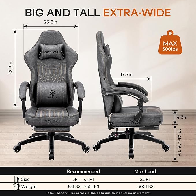 Dowinx Gaming Chair Breathable PU Leather Gamer Chair with Footrest Massage Lumbar Support, Big and Tall Ergonomic Reclining Computer Chair with Pocket Spring Cushion for Adults Teens (Grey)