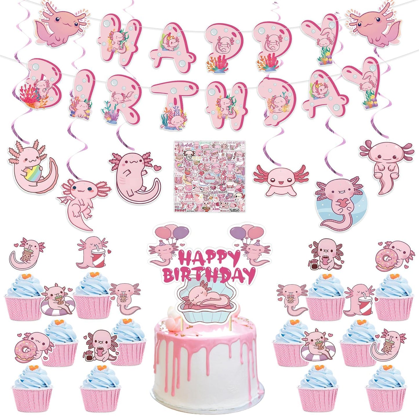 NeusWonder 120 PCS Axolotl Birthday Party Decorations Kit Axolotl Banner, Cake Topper, Cupcake Toppers, Hanging Swirls & Stickers Cute Axolotl Theme Party Supplies for Birthday, Party Decor