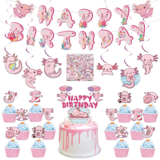 NeusWonder 120 PCS Axolotl Birthday Party Decorations Kit Axolotl Banner, Cake Topper, Cupcake Toppers, Hanging Swirls & Stickers Cute Axolotl Theme Party Supplies for Birthday, Party Decor
